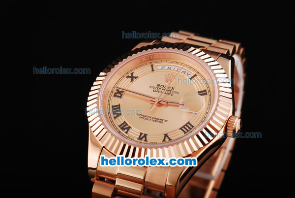 Rolex Day-Date II Swiss ETA 2836 Automatic Movement Full Rose Gold with Rose Gold Dial and Roman Numeral Hour Markers - Click Image to Close